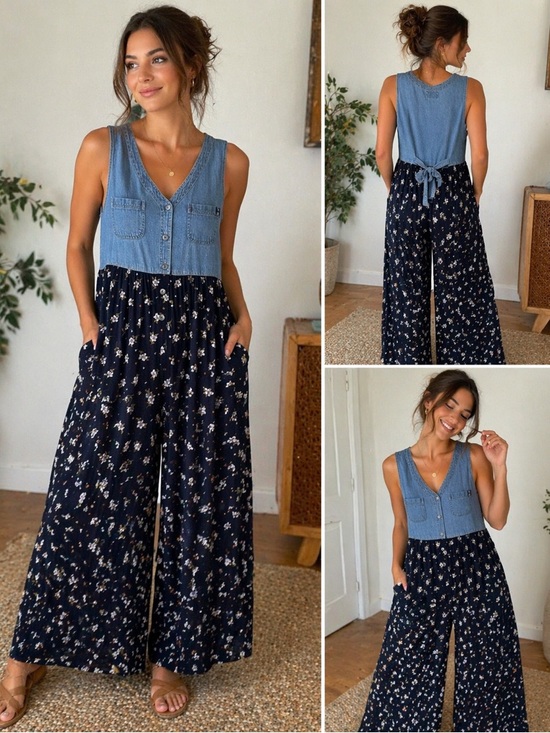 True Blue Pants - True Blue Vintage Denim Floral Wide Leg Jumpsuit Size L 90s Y2K Boho Cottagecore